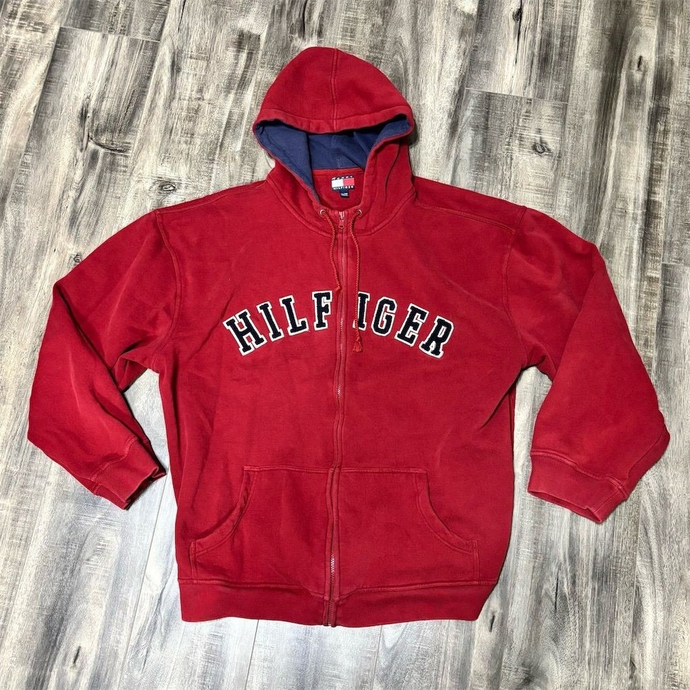 Vintage‎ Tommy Hilfiger Men's Red Full-Zip Hoodie 2XL Graphic Print